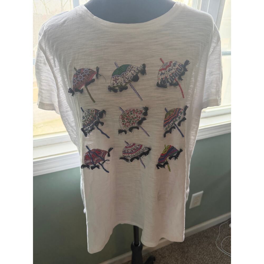 Talbots White XL Short Sleeve T-Shirt Colorful Beach Umbrella Tassel Print